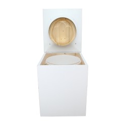 Toilette sèche rehaussée en bois blanc complète avec seau 20 litres et bavette inox, abattant huilé