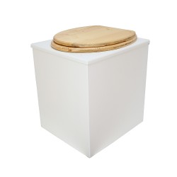 Toilette sèche rehaussée en bois blanc complète avec seau 20 litres et bavette inox, abattant huilé
