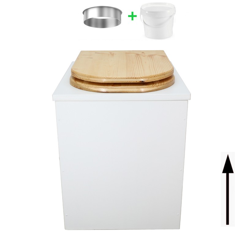 Toilette sèche rehaussée en bois blanc complète avec seau 20 litres et bavette inox, abattant "D" huilé