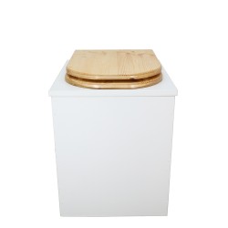 Toilette sèche rehaussée en bois blanc complète avec seau 20 litres et bavette inox, abattant "D" huilé