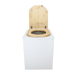 Toilette sèche rehaussée en bois blanc complète avec seau 20 litres et bavette inox, abattant "D" huilé