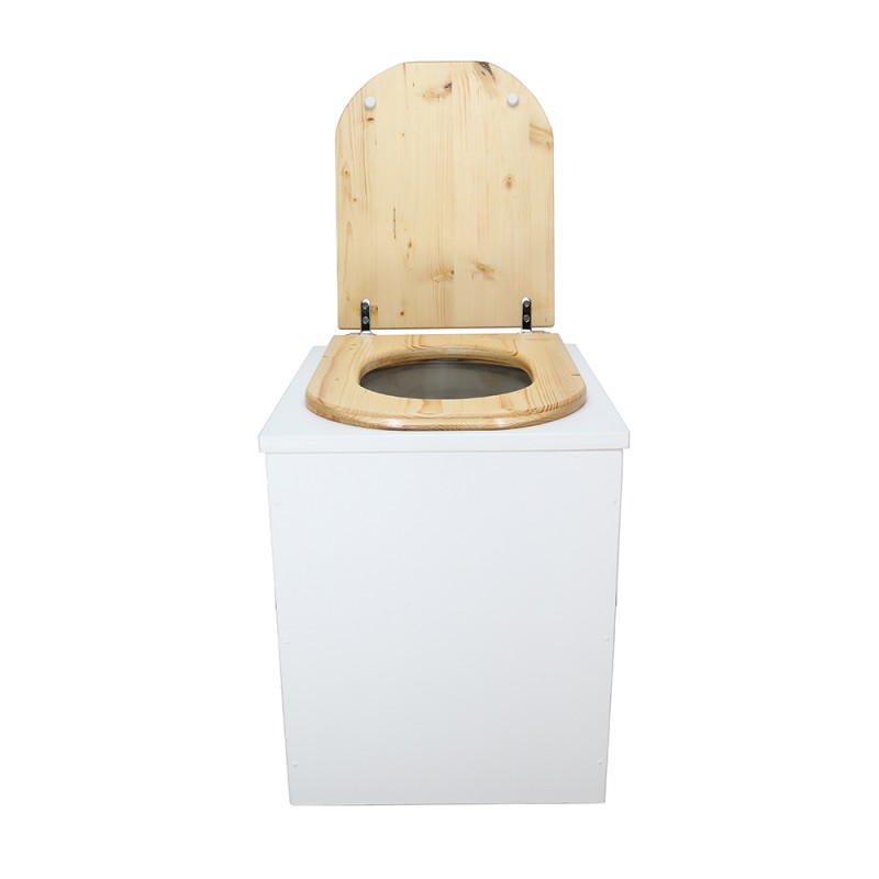 Toilette sèche bois blanc avec seau inox, bavette inox, abattant huilé