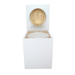 Toilette sèche rehaussée en bois blanc complète avec seau 20 litres et bavette inox, abattant "D" huilé