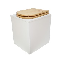 Toilette sèche rehaussée en bois blanc complète avec seau 20 litres et bavette inox, abattant "D" huilé