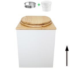 Toilette sèche rehaussée en bois blanc/huilé complète avec seau 20 litres et bavette inox, abattant huilé