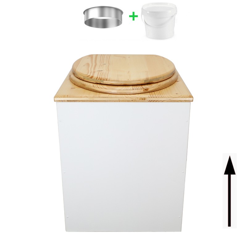 Toilette sèche rehaussée en bois blanc/huilé complète avec seau 20 litres et bavette inox, abattant huilé