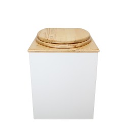 Toilette sèche rehaussée en bois blanc/huilé complète avec seau 20 litres et bavette inox, abattant huilé