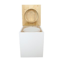 Toilette sèche rehaussée en bois blanc/huilé complète avec seau 20 litres et bavette inox, abattant huilé