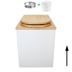 Toilette sèche rehaussée en bois blanc/huilé complète avec seau 20 litres et bavette inox, abattant "D" huilé