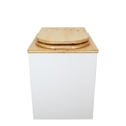 Toilette sèche rehaussée en bois blanc/huilé complète avec seau 20 litres et bavette inox, abattant "D" huilé