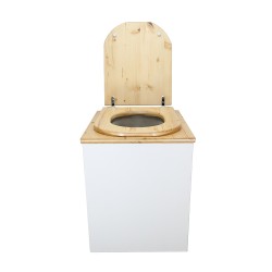 Toilette sèche rehaussée en bois blanc/huilé complète avec seau 20 litres et bavette inox, abattant "D" huilé