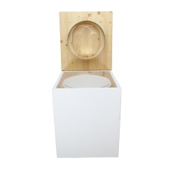 Toilette sèche rehaussée en bois blanc/huilé complète avec seau 20 litres et bavette inox, abattant "D" huilé