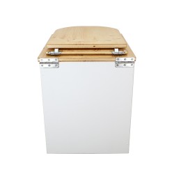 Toilette sèche rehaussée en bois blanc/huilé complète avec seau 20 litres et bavette inox, abattant "D" huilé