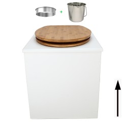Toilette sèche rehaussée en bois blanc complète avec seau inox 22 litres et bavette inox Ø30 cm - abattant bambou