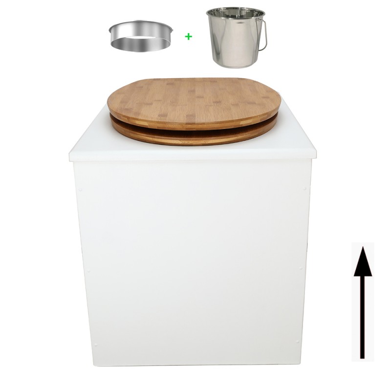 Toilette sèche rehaussée en bois blanc complète avec seau inox 22 litres et bavette inox Ø30 cm - abattant bambou