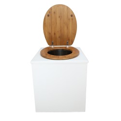 Toilette sèche rehaussée en bois blanc complète avec seau inox 22 litres et bavette inox Ø30 cm - abattant bambou