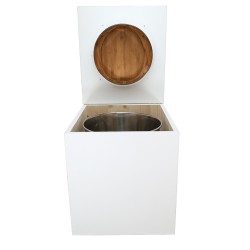 Toilette sèche rehaussée en bois blanc complète avec seau inox 22 litres et bavette inox Ø30 cm - abattant bambou