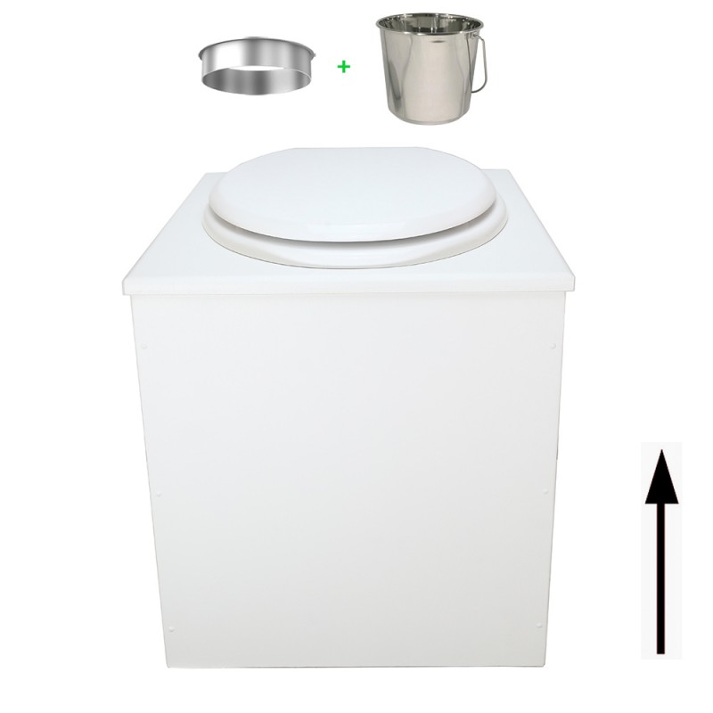 Toilette sèche rehaussée en bois blanc complète avec seau inox 22 litres et bavette inox Ø30 cm - abattant blanc
