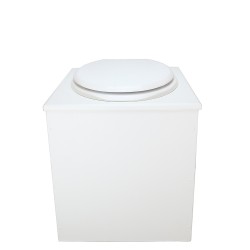 Toilette sèche rehaussée en bois blanc complète avec seau inox 22 litres et bavette inox Ø30 cm - abattant blanc