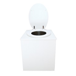 Toilette sèche rehaussée en bois blanc complète avec seau inox 22 litres et bavette inox Ø30 cm - abattant blanc