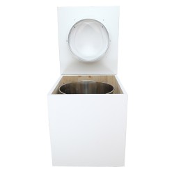 Toilette sèche rehaussée en bois blanc complète avec seau inox 22 litres et bavette inox Ø30 cm - abattant blanc