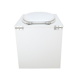 Toilette sèche rehaussée en bois blanc complète avec seau inox 22 litres et bavette inox Ø30 cm - abattant blanc