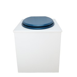 Toilette sèche rehaussée en bois blanc complète avec seau inox 22 litres et bavette inox Ø30 cm - abattant bleu nuit