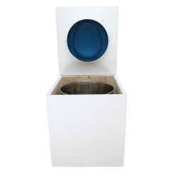 Toilette sèche rehaussée en bois blanc complète avec seau inox 22 litres et bavette inox Ø30 cm - abattant bleu nuit