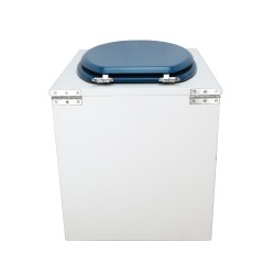 Toilette sèche rehaussée en bois blanc complète avec seau inox 22 litres et bavette inox Ø30 cm - abattant bleu nuit