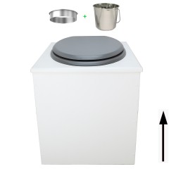 Toilette sèche rehaussée en bois blanc complète avec seau inox 22 litres et bavette inox Ø30 cm - abattant gris