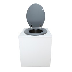 Toilette sèche rehaussée en bois blanc complète avec seau inox 22 litres et bavette inox Ø30 cm - abattant gris