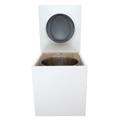 Toilette sèche rehaussée en bois blanc complète avec seau inox 22 litres et bavette inox Ø30 cm - abattant gris