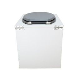 Toilette sèche rehaussée en bois blanc complète avec seau inox 22 litres et bavette inox Ø30 cm - abattant gris