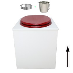 Toilette sèche rehaussée en bois blanc complète avec seau inox 22 litres et bavette inox Ø30 cm - abattant rouge