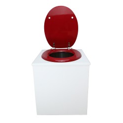 Toilette sèche rehaussée en bois blanc complète avec seau inox 22 litres et bavette inox Ø30 cm - abattant rouge