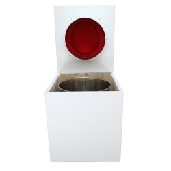 Toilette sèche rehaussée en bois blanc complète avec seau inox 22 litres et bavette inox Ø30 cm - abattant rouge