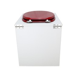 Toilette sèche rehaussée en bois blanc complète avec seau inox 22 litres et bavette inox Ø30 cm - abattant rouge