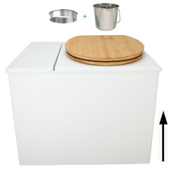 Toilette sèche en bois blanc avec bac intégré, abattant bambou seau inox et bavette inox. Hauteur PMR 50 cm.