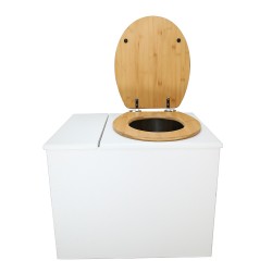 Toilette sèche en bois blanc avec bac intégré, abattant bambou seau inox et bavette inox. Hauteur PMR 50 cm.