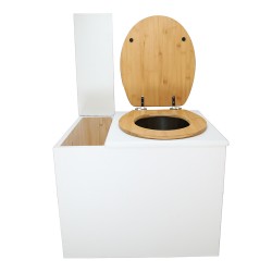 Toilette sèche en bois blanc avec bac intégré, abattant bambou seau inox et bavette inox. Hauteur PMR 50 cm.