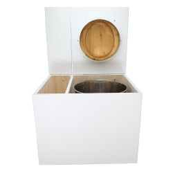 Toilette sèche en bois blanc avec bac intégré, abattant bambou seau inox et bavette inox. Hauteur PMR 50 cm.