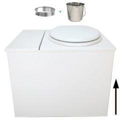 Toilette sèche en bois blanc avec bac intégré, abattant blanc seau inox et bavette inox. Hauteur PMR 50 cm.