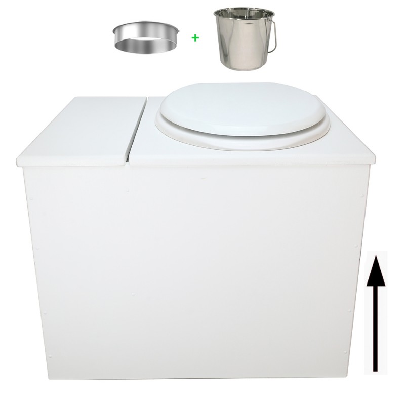 Toilette sèche en bois blanc avec bac intégré, abattant blanc seau inox et bavette inox. Hauteur PMR 50 cm.