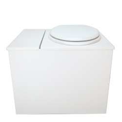 Toilette sèche en bois blanc avec bac intégré, abattant blanc seau inox et bavette inox. Hauteur PMR 50 cm.