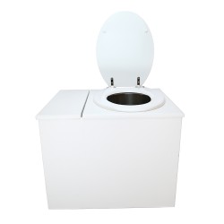 Toilette sèche en bois blanc avec bac intégré, abattant blanc seau inox et bavette inox. Hauteur PMR 50 cm.