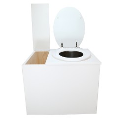 Toilette sèche en bois blanc avec bac intégré, abattant blanc seau inox et bavette inox. Hauteur PMR 50 cm.