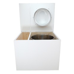 Toilette sèche en bois blanc avec bac intégré, abattant blanc seau inox et bavette inox. Hauteur PMR 50 cm.