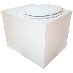 Toilette sèche en bois blanc avec bac intégré, abattant blanc seau inox et bavette inox. Hauteur PMR 50 cm.
