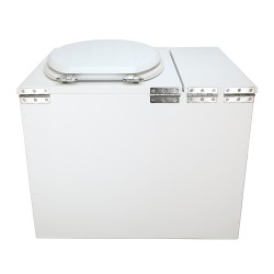 Toilette sèche en bois blanc avec bac intégré, abattant blanc seau inox et bavette inox. Hauteur PMR 50 cm.
