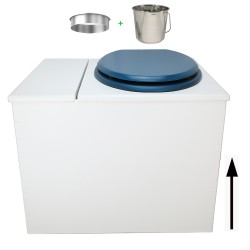 Toilette sèche en bois blanc avec bac intégré, abattant bleu, seau inox et bavette inox. Hauteur PMR 50 cm.